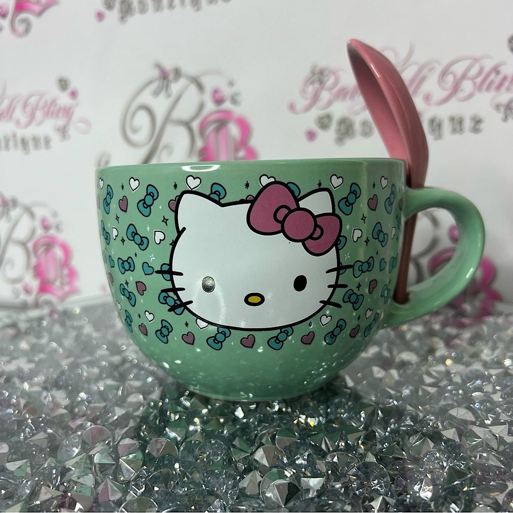 Hello Kitty mug cup with spoon matching attached Green Mug with Pink Spoon